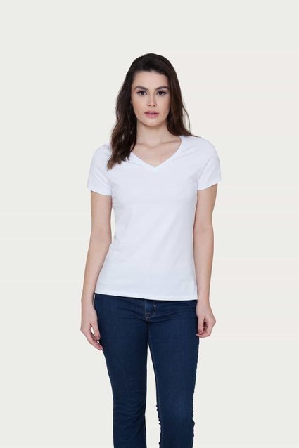 Camiseta Básica Feminina Algodão Premium Slim Fit Decote V