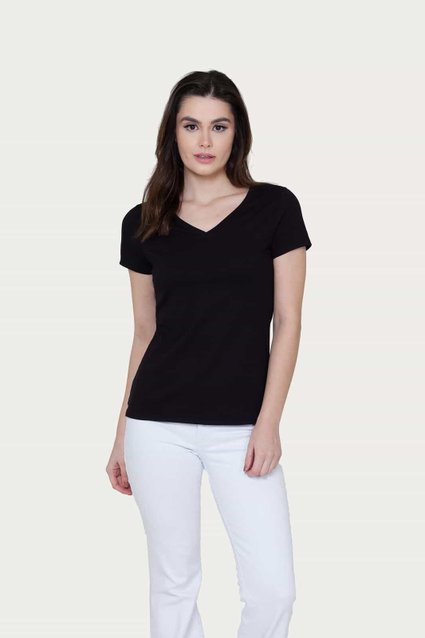 Camiseta Básica Feminina Algodão Premium Slim Fit Decote V