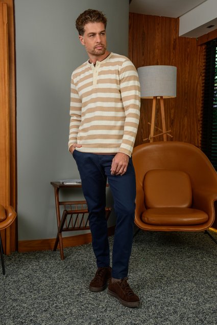 Henley Manga Longa Tricot Stripes