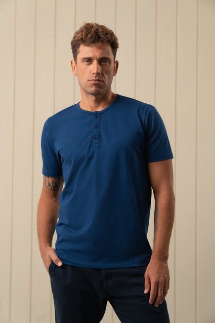 Henley Manga Curta Algodão Egípcio