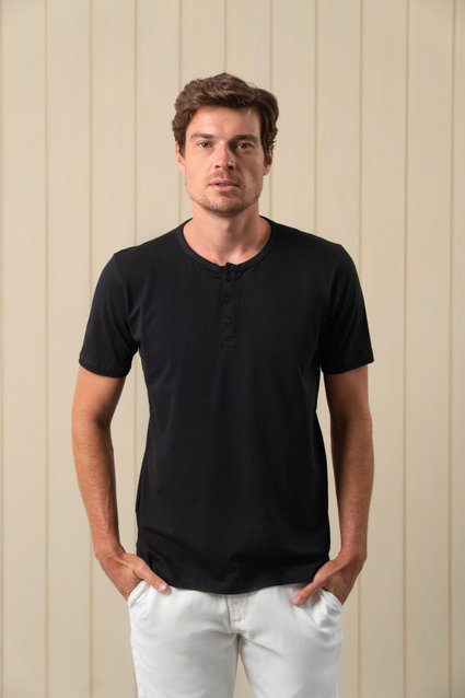 Henley Manga Curta Algodão Egípcio